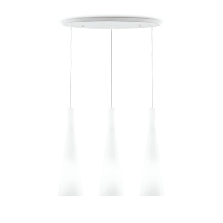 The Albedo 3 Light Bar Pendant - White showcases three modern, cone-shaped lights elegantly suspended from a round ceiling mount. With its minimalist design and equal suspension lengths, this pendant light adds a contemporary touch to any decor.
