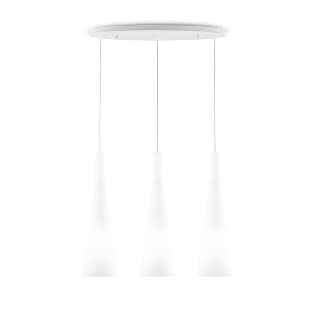 The Albedo 3 Light Bar Pendant - White showcases three modern, cone-shaped lights elegantly suspended from a round ceiling mount. With its minimalist design and equal suspension lengths, this pendant light adds a contemporary touch to any decor.