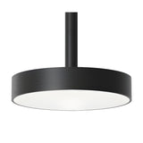 Rafaela Mono LED drum pendant in matt black, featuring a slim stem and low flat drum shade with a white acrylic diffuser, shown on a plain white background.