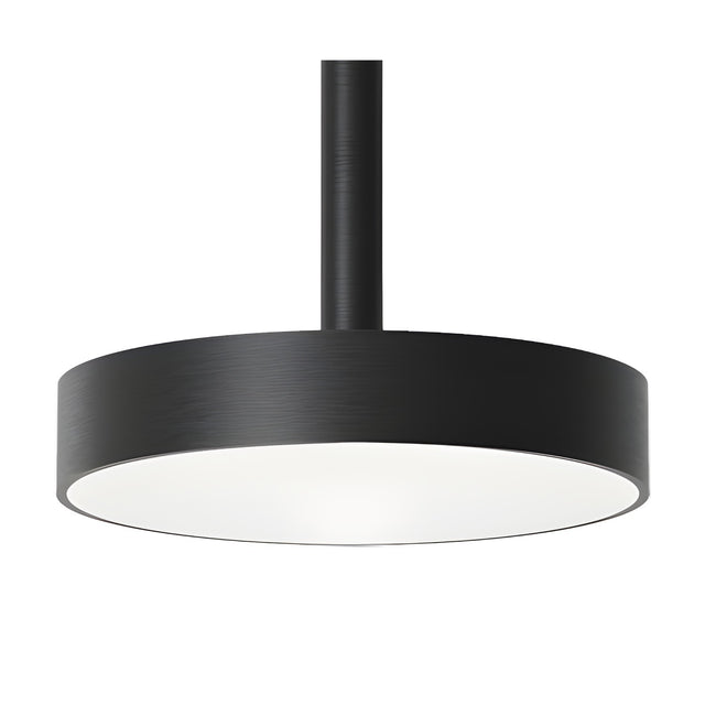 Rafaela Mono LED drum pendant in matt black, featuring a slim stem and low flat drum shade with a white acrylic diffuser, shown on a plain white background.