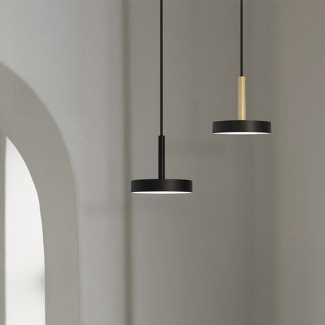 Rafaela Mono LED Drum DALI Pendant in matt black, shown with a shallow drum shade on a slim stem, alongside a similar brass-stemmed pendant against a neutral wall.