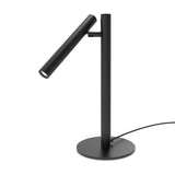 Rui LED Adjustable Reading Table Lamp in matt black, with a slim tubular shade angled from an upright stem on a round flat base, shown against a plain white background.