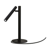 Rui LED Adjustable Reading Table Lamp in matt black, with an angled tubular shade on a slim upright stem and round flat base, fabric cable, on a plain white background.