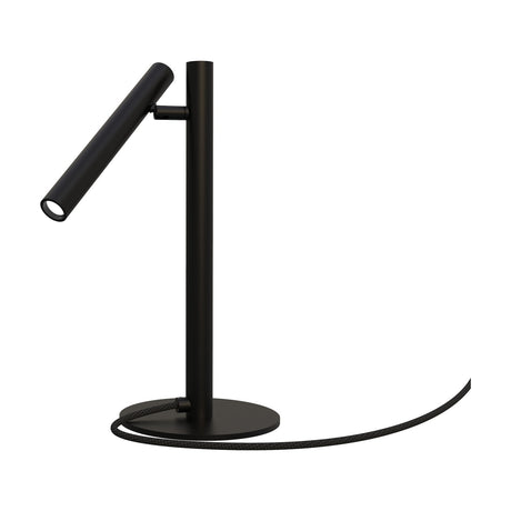 Rui LED Adjustable Reading Table Lamp in matt black, with an angled tubular shade on a slim upright stem and round flat base, fabric cable, on a plain white background.