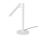 Rui LED Adjustable Reading Table Lamp in matt white, with a round flat base, upright stem, and angled tubular shade on a short arm, shown on a plain background.