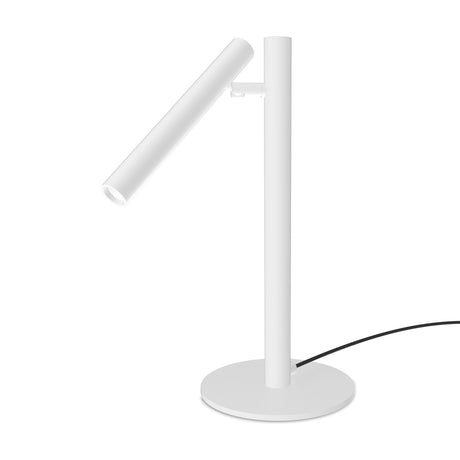 Rui LED Adjustable Reading Table Lamp in matt white, with a round flat base, upright stem, and angled tubular shade on a short arm, shown on a plain background.