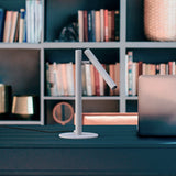 Rui LED Adjustable Reading Table Lamp in matt white, slim upright stem on a round base with an angled tubular shade, shown on a desk beside a laptop and bookshelf.