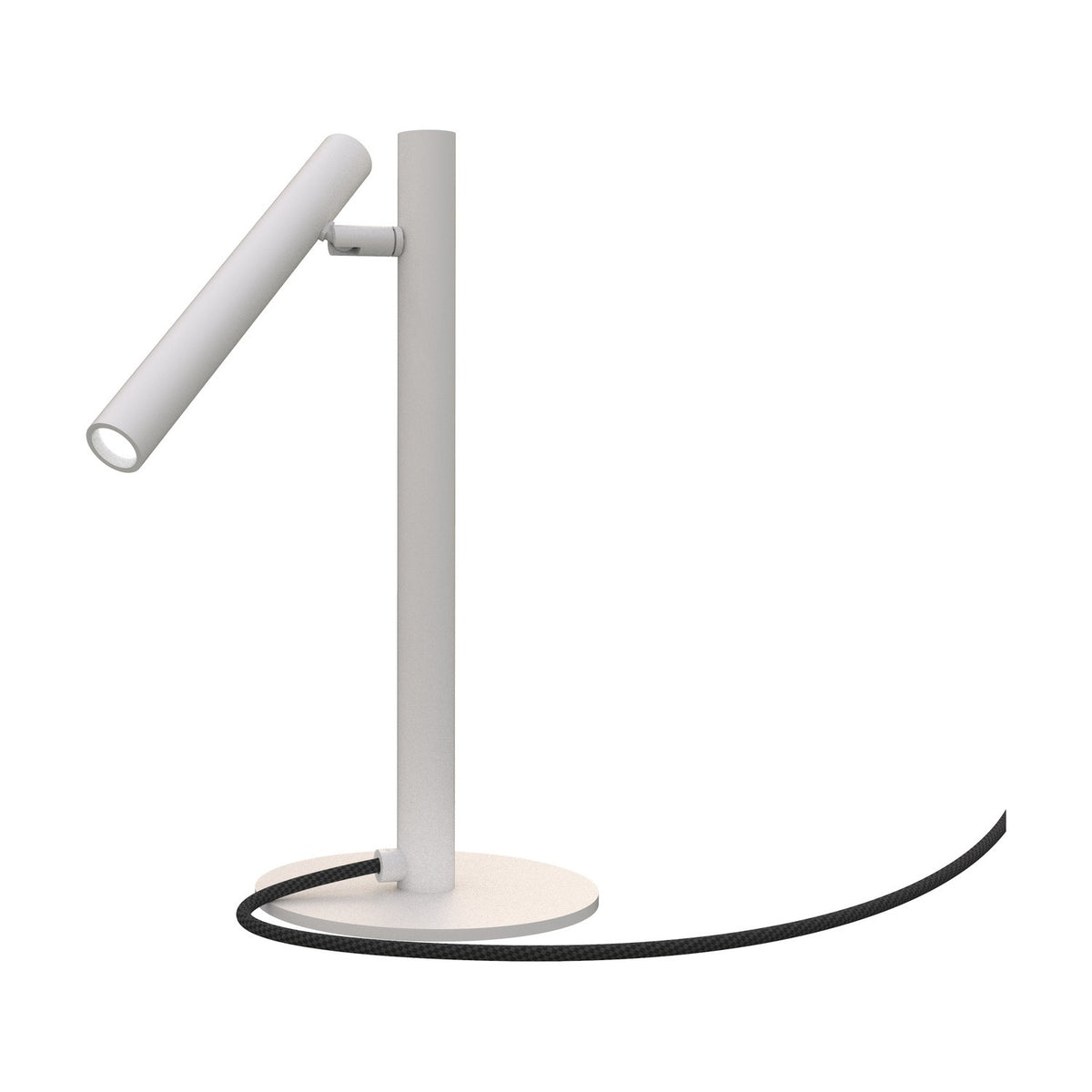 Rui LED Adjustable Reading Table Lamp in matt white, with a slim upright stem, round flat base, and angled tubular shade on a short arm, shown on a plain background.
