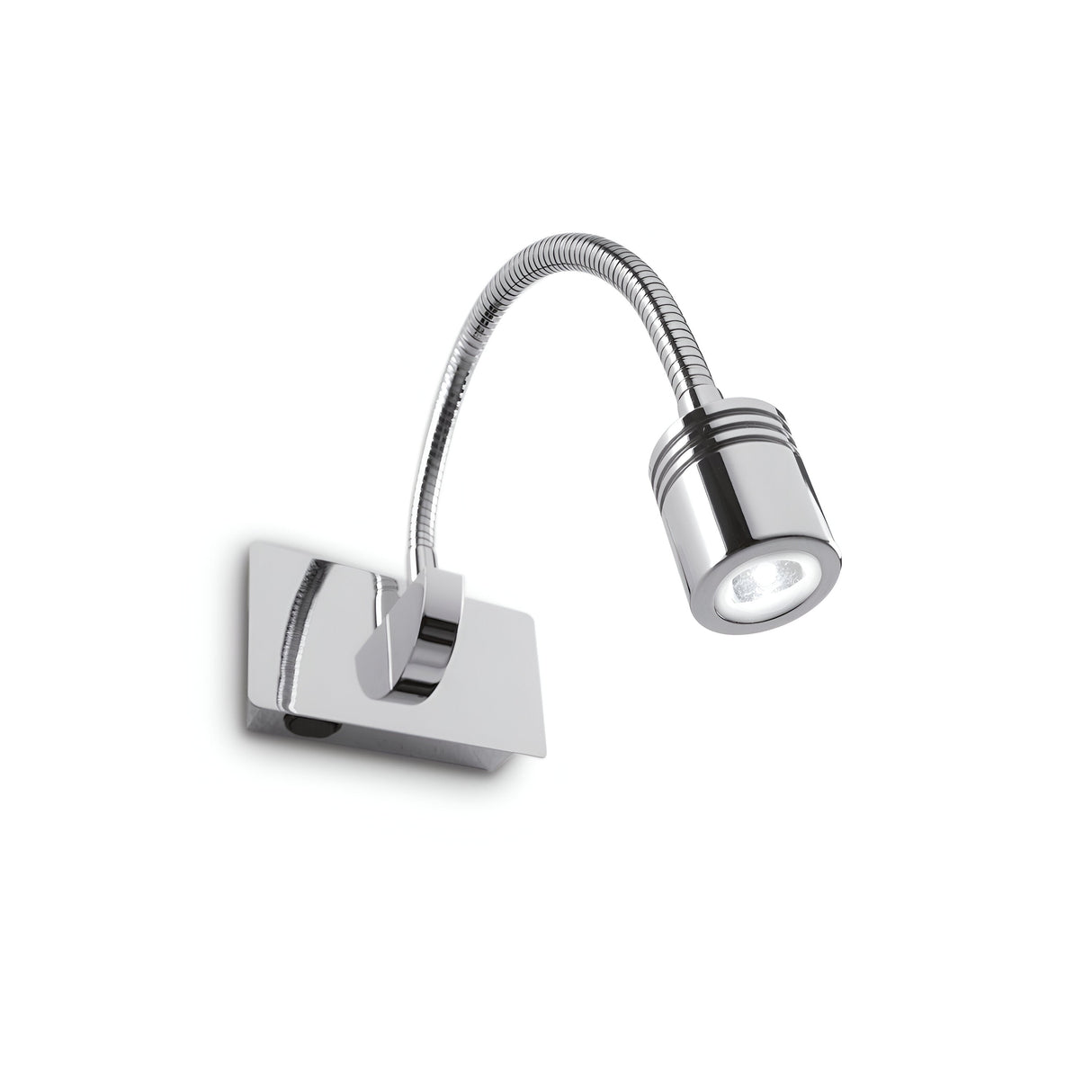 The Otis LED Wall Light features a sleek, modern design with a shiny, flexible arm and a circular lamp head attached to a rectangular base. Its chrome finish reflects its minimalist and contemporary style, making it an ideal choice for stylish interiors.