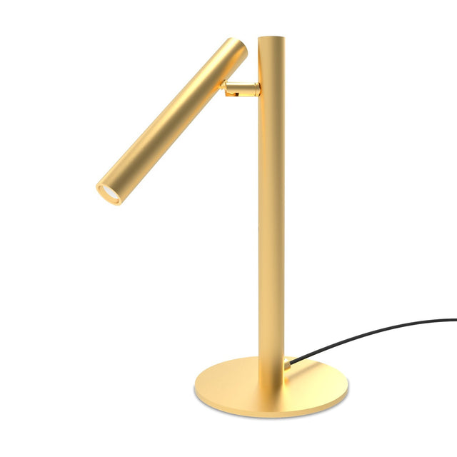 Rui LED Adjustable Reading Table Lamp in gold, with a slim tubular shade on a pivoting joint atop a straight stem and round base, shown on a plain white background.