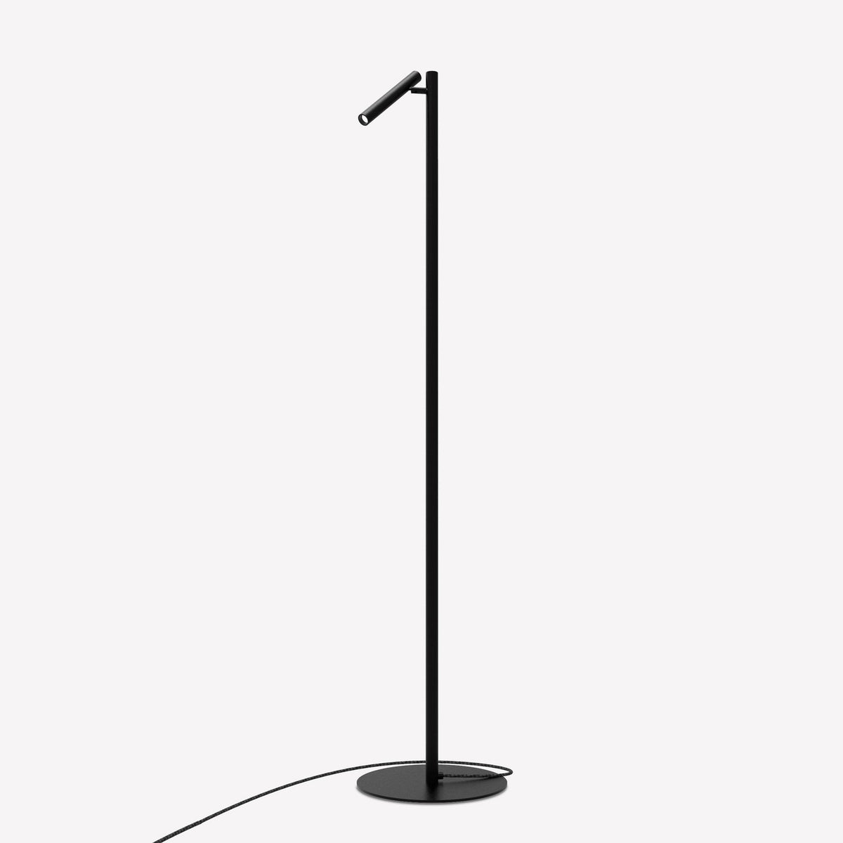 Rui LED Reading Floor Lamp in matt black, featuring a slim straight pole on a round flat base with an angled tubular reading head, set against a plain light background.