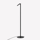 Rui LED Reading Floor Lamp in matt black, featuring a slim straight pole on a round flat base with an angled tubular reading head, set against a plain light background.