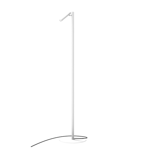 Rui LED Reading Floor Lamp in matt white, a slim pole on a round disc base with a pivoting tubular shade at the top, shown on a plain white background.