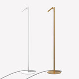 Rui LED Reading Floor Lamp in matt white, slim pole on round disc base with tubular pivoting shade, shown beside a matching brass-finish version on a plain light background.