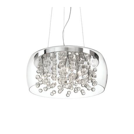 The Flarestar 8 Light Glass Pendant - Clear showcases a contemporary chrome finish with clusters of clear glass shades and crystals. This round fixture, suspended by slender wires, provides dimmable lighting for a sophisticated and stylish look.