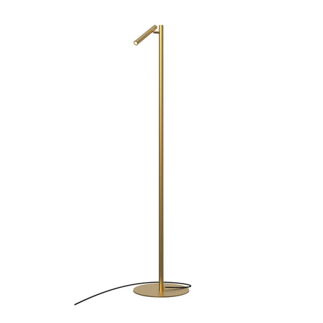 Rui LED Reading Floor Lamp in gold, slim pole with round disc base and single angled tubular shade, shown on a plain white background.