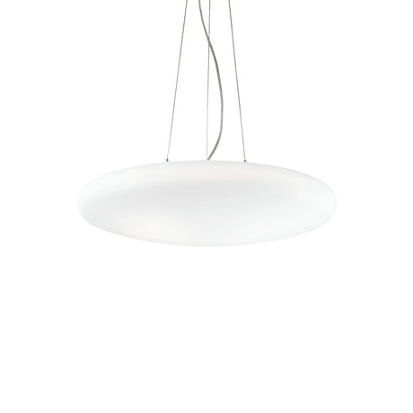 The Orlix 3 Light Pendant, featuring a contemporary and sophisticated design, showcases a sleek, oval form crafted from a white blown glass diffuser. It hangs gracefully with an adjustable suspension length supported by several thin wires against a plain white backdrop, making it ideal for any minimalist environment.