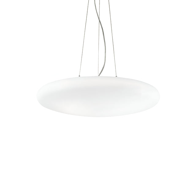 The Orlix 3 Light Pendant, featuring a contemporary and sophisticated design, showcases a sleek, oval form crafted from a white blown glass diffuser. It hangs gracefully with an adjustable suspension length supported by several thin wires against a plain white backdrop, making it ideal for any minimalist environment.