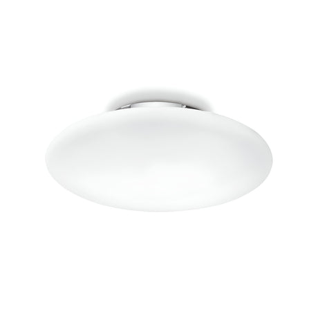 The Orlix 3 Light Ceiling & Wall Light - White, 60cm is a circular fixture with a sleek, minimalist design. When installed on a plain white ceiling, its white blown glass creates a gentle and even illumination that effortlessly enhances any space.