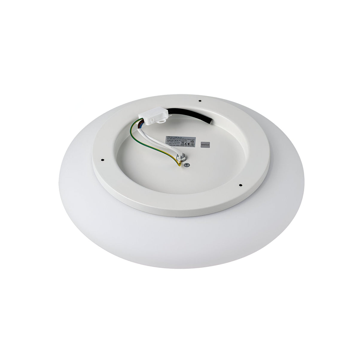 The Orlix 2 Light Ceiling & Wall Light - White, 42cm is a round fixture crafted from exquisite white blown glass. Displayed from the back, it reveals its intricate wiring and mounting parts against a plain white background.