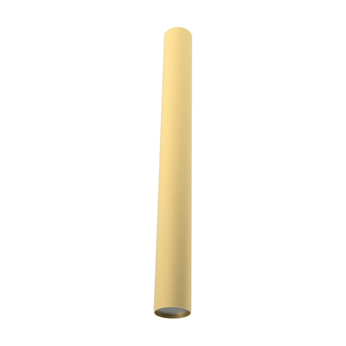 Rose Cylinder Recessed Downlight in matt polished brass, a slim elongated tube with an open lower end for a single GU10 lamp, shown on a plain white background.