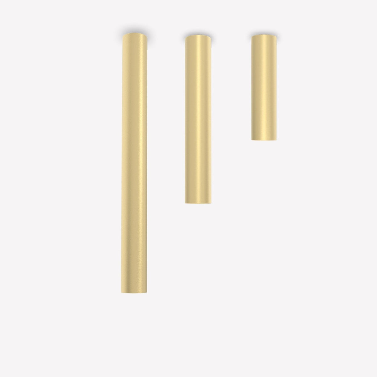 Three Rose Cylinder Recessed Downlights in matt polished brass, shown in 40cm, 25cm and 16cm sizes against a plain light background.