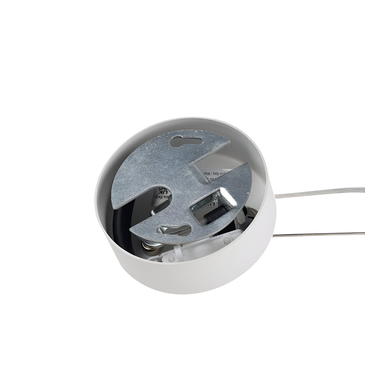 The Lyria 1 Light Glass Pendant - White, 40cm showcases a detailed view of its circular white metal frame ceiling mounting bracket, complete with visible components and wiring. This pendant is expertly mounted using adjustable steel cables, beautifully suspended against a plain white backdrop.