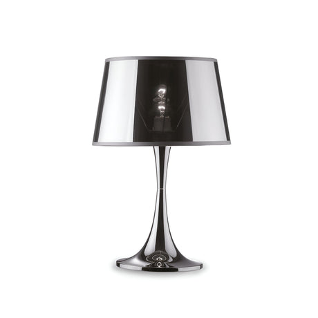 Introducing the Arc Large Table Lamp in Chrome: a sleek, modern design featuring a shiny chrome base paired with an elegant black lampshade. When illuminated, this luxurious lighting piece beautifully reveals the bulb through its partially translucent shade.