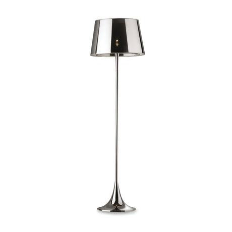 Introducing the Arc Floor Lamp - Silver, featuring a sleek polished chrome finish with a minimalist design highlighted by its slender pole and wide, tapered shade. Ideal for modern interiors, this lamp effortlessly enhances any space.