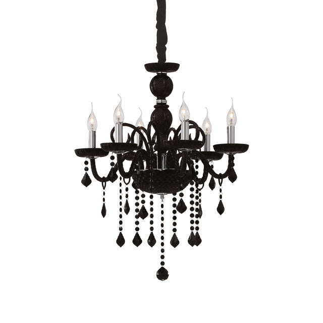 The Etherlight Crystal 6 Light Chandelier in black showcases a black metal frame with six candle-shaped lights and intricate bead detailing, elegantly accented by crystal features, creating a classic look against a plain white background.