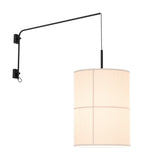 Rania Single Arm Cylinder Fabric Wall Light with a black iron swing-arm bracket suspending a white cream fabric cylinder shade on a cable, shown on a plain white background.