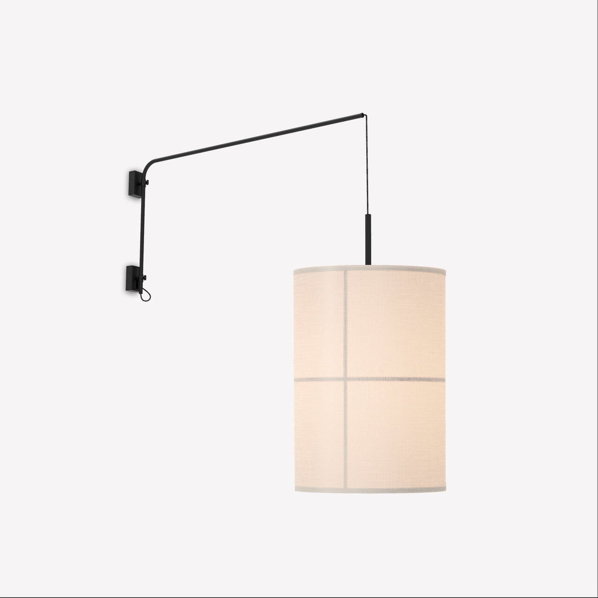 Rania Single Arm Cylinder Fabric Wall Light with a black iron swing arm and pull cord, suspending a white cream cylindrical fabric shade on a cable, shown on a plain white background.