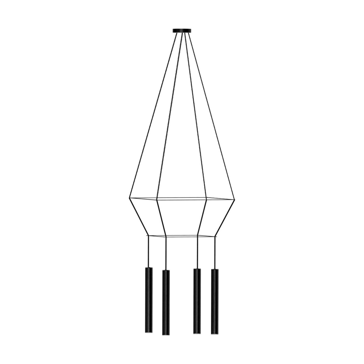 Rose Square 4 Light Cluster Chandelier in matt black, with stacked square wire frames and four slim tube shades on cables, shown on a plain white background.
