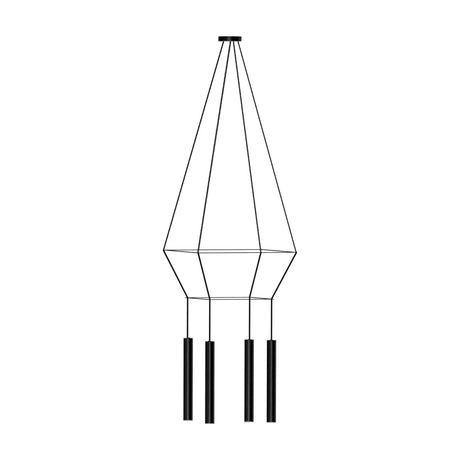 Rose Square 4 Light Cluster Chandelier in matt black, with stacked square wire frames and four slim tube shades on cables, shown on a plain white background.