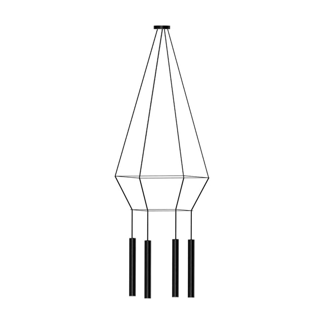 Rose Square 4 Light Cluster Chandelier in matt black, with stacked square wire frames and four slim tube shades on cables, shown on a plain white background.