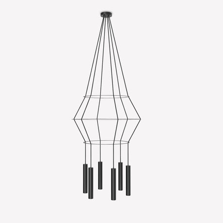 Rose Circular 6-Light Cluster Ring Chandelier in matt black with an open cage frame and two slim rings suspending six cylindrical GU10 shades on cables.