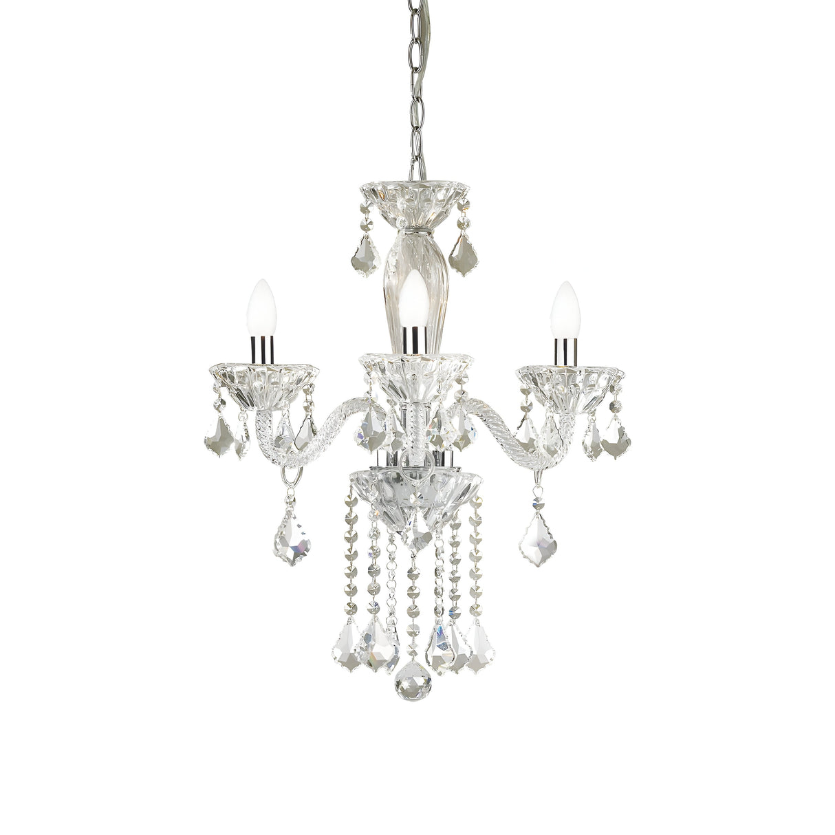 The Nimble Crystal 3 Light Chandelier - Chrome features three arms adorned with crystal pendants and teardrop accents. Each arm supports a candle-like bulb that emits a soft glow, while the chandelier is elegantly suspended by a decorative chain, exemplifying elegance and craftsmanship.