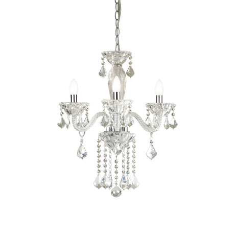 The Nimble Crystal 3 Light Chandelier - Chrome features three arms adorned with crystal pendants and teardrop accents. Each arm supports a candle-like bulb that emits a soft glow, while the chandelier is elegantly suspended by a decorative chain, exemplifying elegance and craftsmanship.