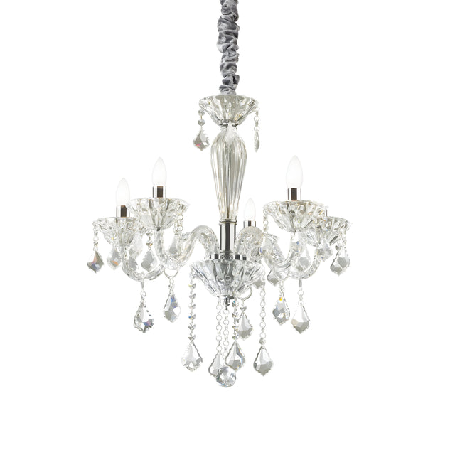 The Nimble Crystal 5 Light Chandelier in chrome exudes luxury with its five candle-like lights and cascading crystal prisms, all hanging elegantly from a decorative wrapped cord. It seamlessly combines classic elegance with a modern touch.