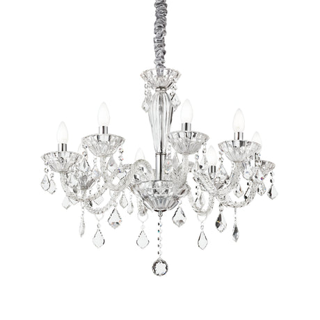 The Nimble Crystal 8 Light Chandelier - Chrome features eight candle-shaped lights adorned with exquisite crystal pendants, all suspended by a decorative chain. This chandelier showcases a classic design with intricate hand-blown glass and metalwork, perfect for creating a luxurious ambiance.