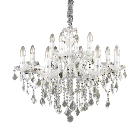 Introducing the Aurora Crystal 12 Light Chandelier - Chrome, a grand and intricately designed chandelier with multiple tiers. It features candle-shaped light bulbs and dazzling crystal droplets, all elegantly suspended from a decorative chain against a white background. This chrome masterpiece effortlessly enhances the elegance of any space.