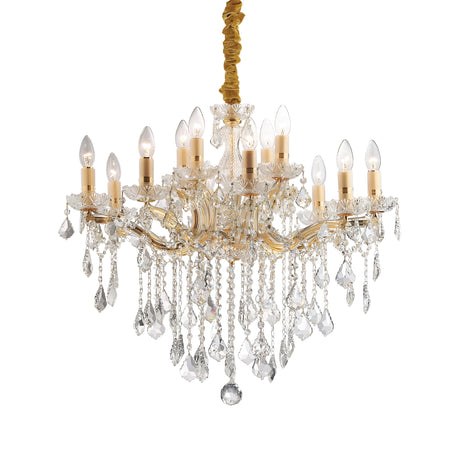 The Aurora Crystal 12 Light Chandelier - Gold is a luxurious fixture adorned with crystal droplets and intricate glass decorations. Its opulent charm is highlighted by twelve candle-style bulbs and a gold-finished chain elegantly wrapped in matching fabric, creating a stunning centerpiece.