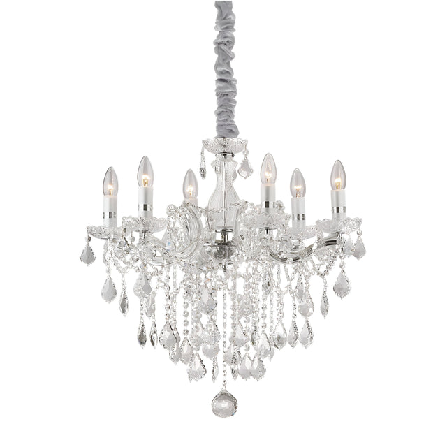 Introducing the Aurora Crystal 6 Light Chandelier in Chrome, boasting six candle-shaped lights adorned with clear crystal accents. This chandelier showcases ornate detailing and features a draped fabric-covered chain. It offers dimmable lighting options, perfect for elegant interior illumination.