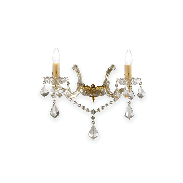 The Aurora Wall Crystal Light- Gold is a decorative sconce adorned with two candle-shaped bulbs and exquisite crystal accents. Its elegantly curved metal arms and dangling crystals evoke a classic yet luxurious aesthetic, making it an ideal gold wall light for any sophisticated setting.
