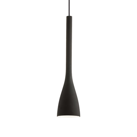 The Zenona 1 Light Large Pendant - Black is a contemporary fixture featuring an elongated design suspended from a slender cord. Its smooth, matte finish is accentuated when turned off, revealing its ambient light potential. The pendant's shape gracefully narrows from a wide top to a narrow base.