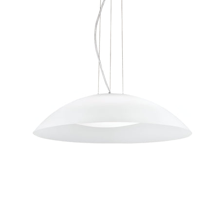 The Aurelia 3 Light Pendant - White, 64cm is a contemporary dimmable pendant light that elegantly suspends from the ceiling on slender silver cables. Featuring a sleek fixture with a minimalist, rounded design and a gently inward-tapering curved shade, it is ideal for enhancing any modern interior lighting.
