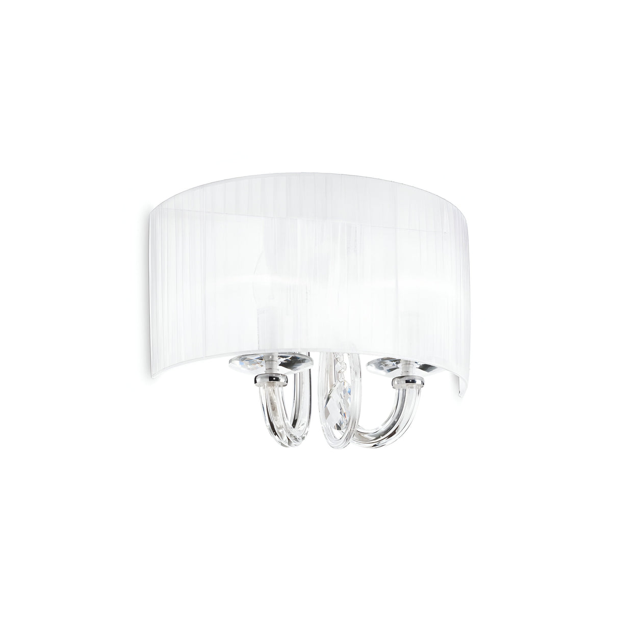 Introducing the Blossom Wall Light - White, a contemporary wall sconce showcasing a curved, translucent white shade paired with sleek metal arms beneath. Accented with crystals for added elegance, this minimalist design includes a dimmable feature ideal for modern interior spaces.