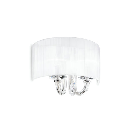 Introducing the Blossom Wall Light - White, a contemporary wall sconce showcasing a curved, translucent white shade paired with sleek metal arms beneath. Accented with crystals for added elegance, this minimalist design includes a dimmable feature ideal for modern interior spaces.