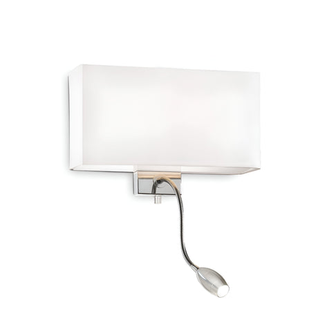 Introducing the Solari 2 Light Wall Light in White/Chrome, featuring a contemporary design with a rectangular white shade and sophisticated chrome detailing. It includes an LED reading light on a flexible gooseneck positioned below the main fixture.