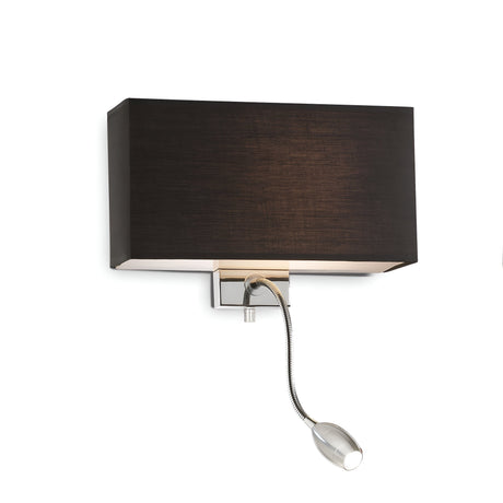 Introducing the Solari 2 Light Wall Light in brown: a sophisticated wall-mounted fixture that includes an adjustable LED reading light with a rectangular black shade and a supple gooseneck lamp below, all boasting a chic silver metallic finish.